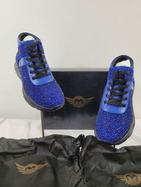 New Men Luxury Diamond Rhinestones Genuine Leather Sneakers Blue Shoes $320
